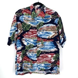 Hilo Hattie Hawaiian Shirt Blue Red Palm Trees Boat Short Sleeve Size Large